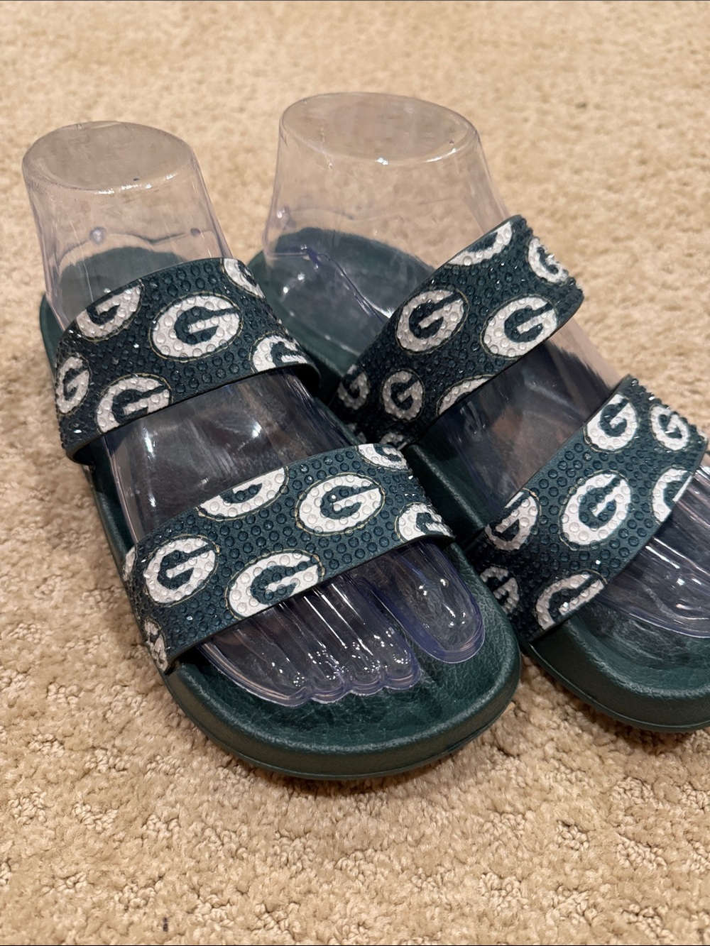 Women’s Packers Green Double-Strap Slide Sandals with White Logo Pattern